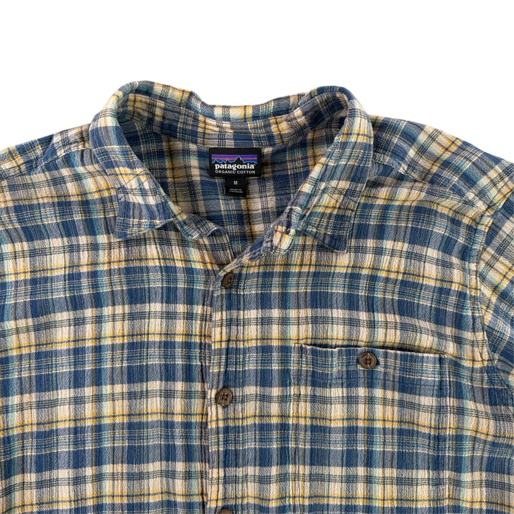 Patagonia AC Shirt Mens Medium Blue Yellow Plaid Puckerware Textured Seersucker
